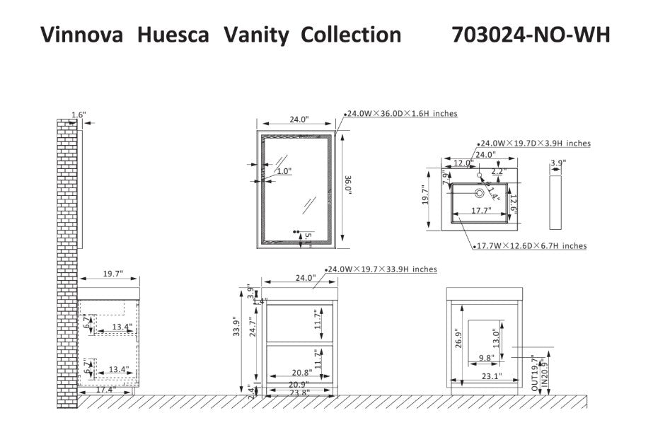 Vinnova, Huesca 24" Single Sink Bath Vanity in North American Oak with White Composite Integral Square Sink Top and Mirror
