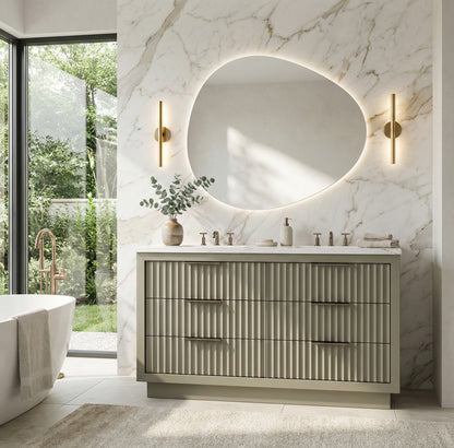 LeCrieú bath vanity in French Olive, styled bathroom