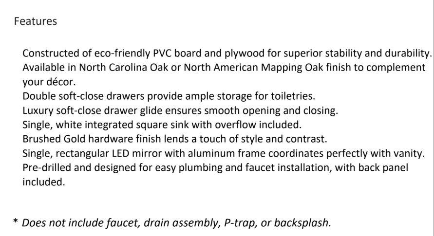 Vinnova, Huesca 24" Single Sink Bath Vanity in North American Oak with White Composite Integral Square Sink Top and Mirror