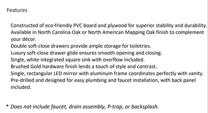 Vinnova, Huesca 24" Single Sink Bath Vanity in North American Oak with White Composite Integral Square Sink Top and Mirror