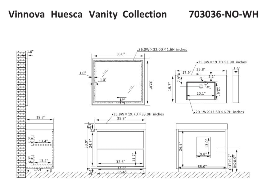 Vinnova, Huesca 36" Single Sink Bath Vanity in North American Oak with White Composite Integral Square Sink Top and Mirror