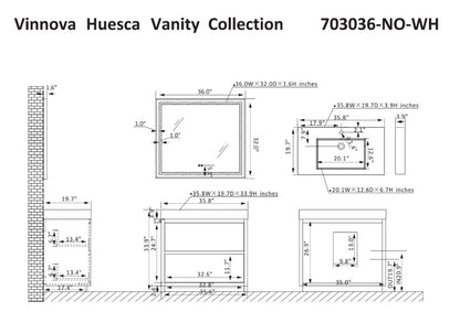 Vinnova, Huesca 36" Single Sink Bath Vanity in North American Oak with White Composite Integral Square Sink Top and Mirror