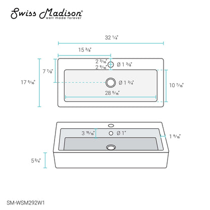 Swiss Madison, Voltaire Wide Rectangle Wall Hung Sink in White Marble