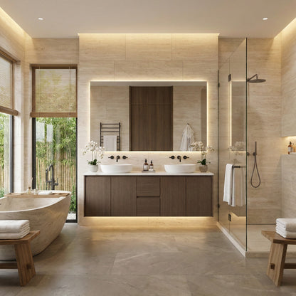 Gilded floating bath vanity in Smoked Modern, styled bathroom
