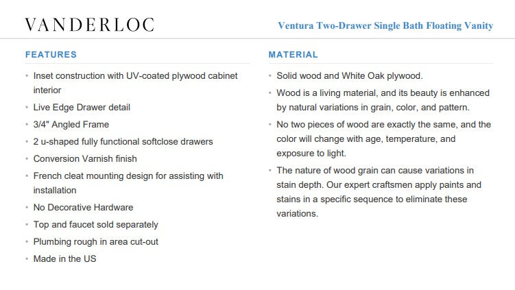 Vanderloc Ventura Two-Drawer Single Bath Floating Vanity