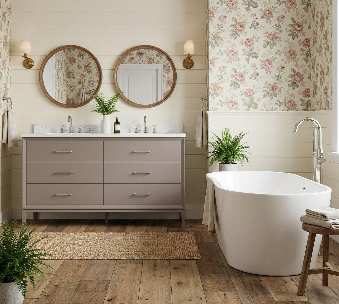 Alexandra bath vanity in Taos Taupe, styled bathroom