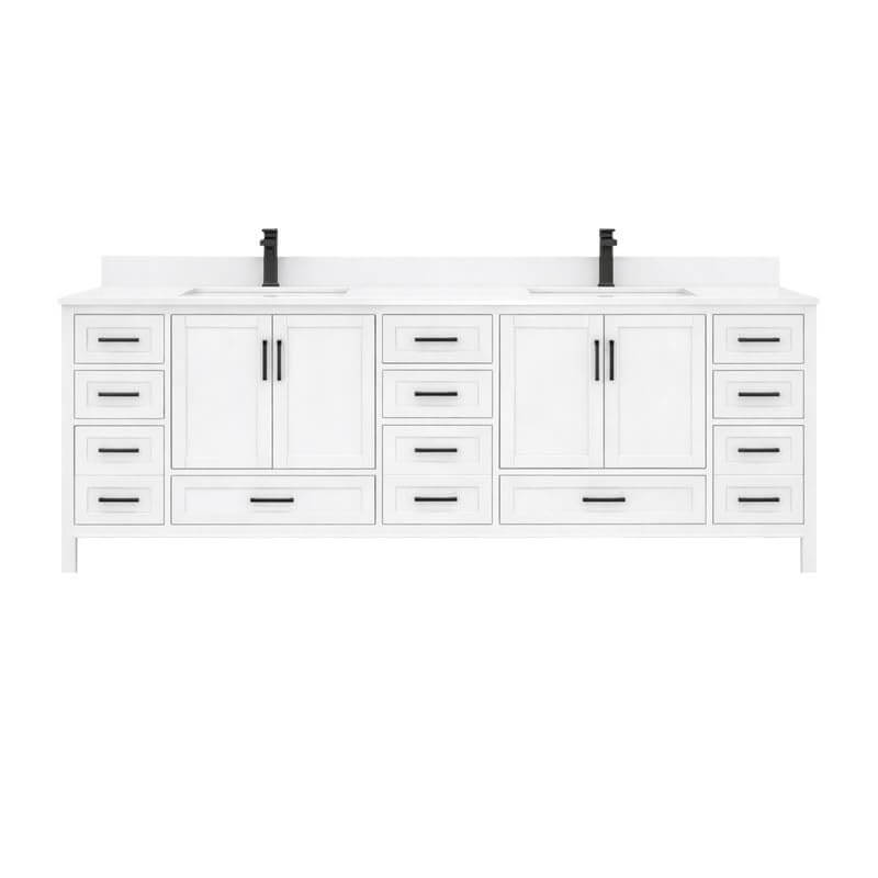 Ayna Decors Rooh 84 Inch White Bathroom Vanity with Quartz Countertop with Matte Black Hardware