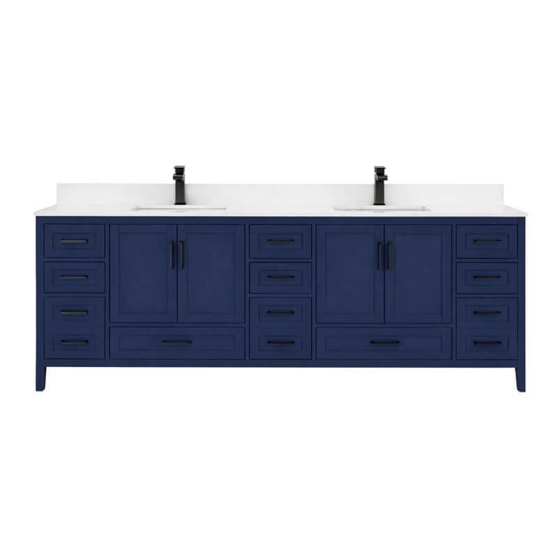 Ayna Decors Rooh 84 Inch Navy Blue Bathroom Vanity with Quartz Countertop with Matte Black Hardware