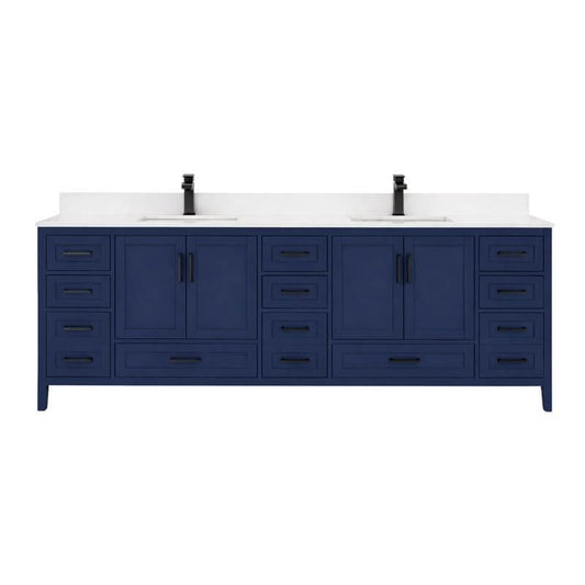 Ayna Decors Rooh 84 Inch Navy Blue Bathroom Vanity with Quartz Countertop with Matte Black Hardware