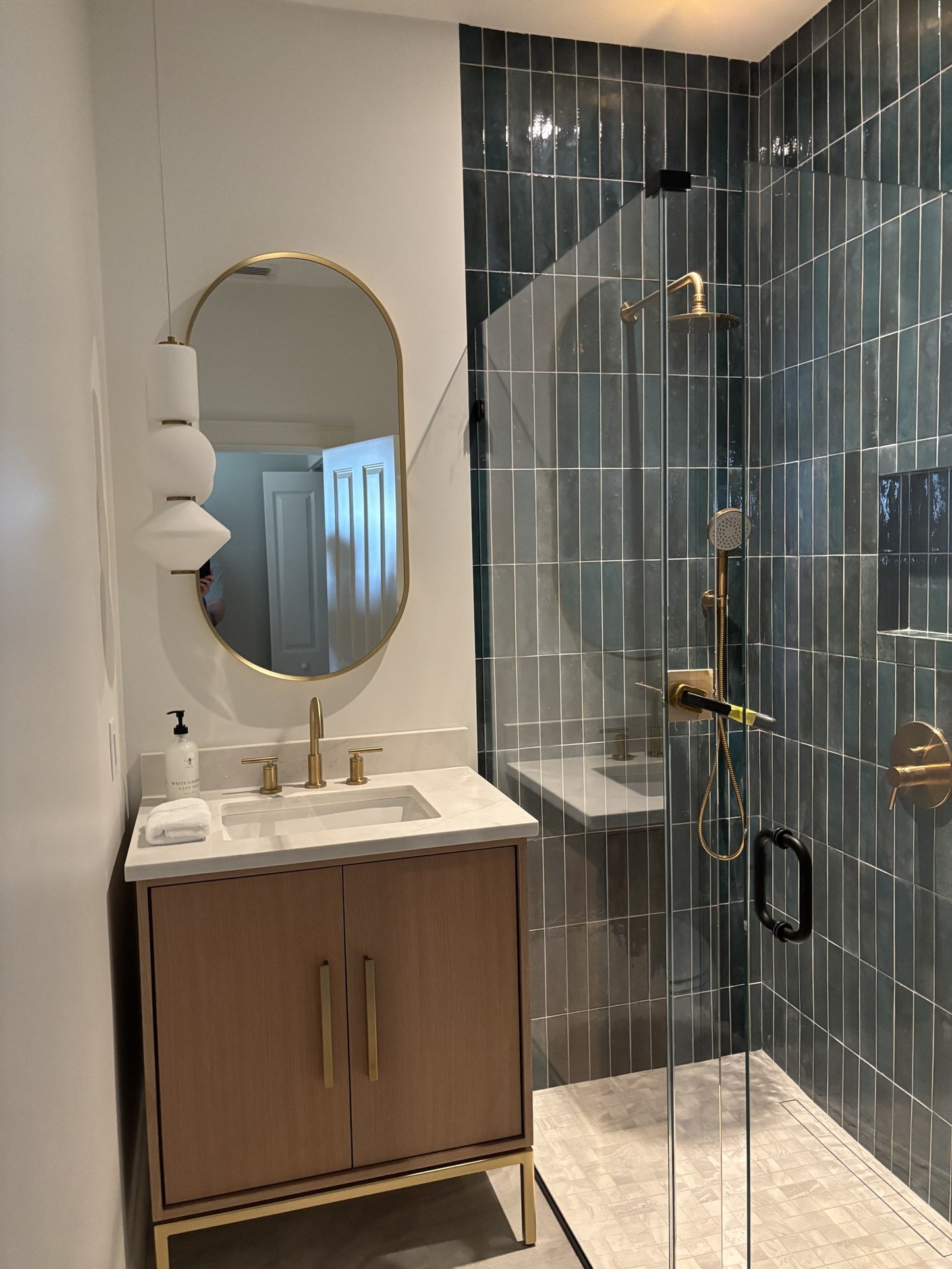 Rift White Oak bath vanity, styled bathroom