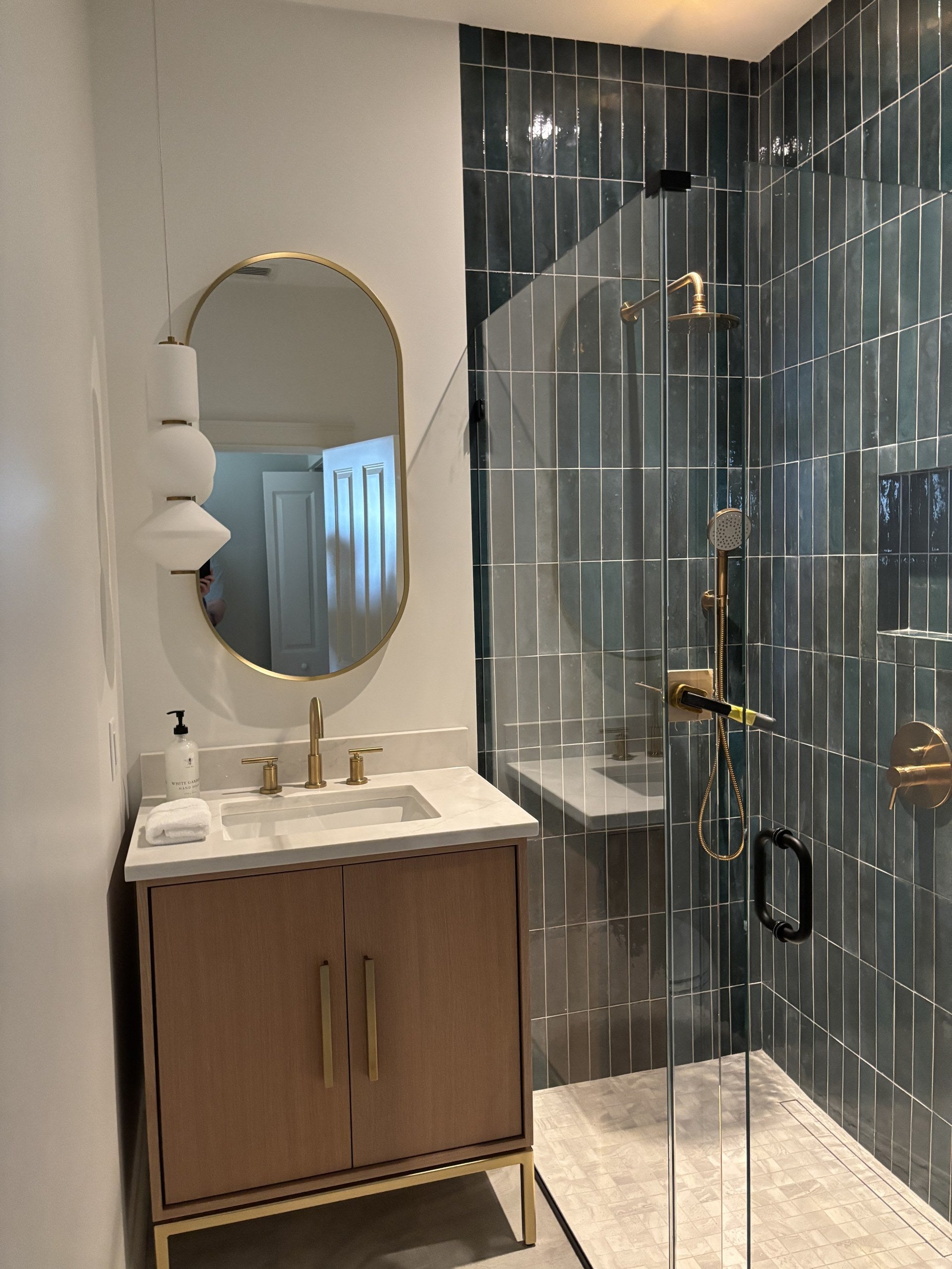 Rift White Oak bath vanity, styled bathroom
