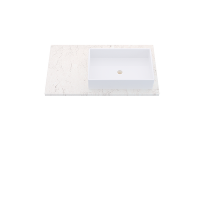 37" Vanderloc Silestone® Quartz Bathroom Vanity Top | Single Vigo Sink | Offset in Snowy Ibiza