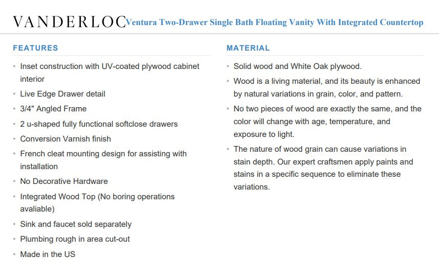 Vanderloc Ventura Two-Drawer Single Bath Floating Vanity With Integrated Countertop