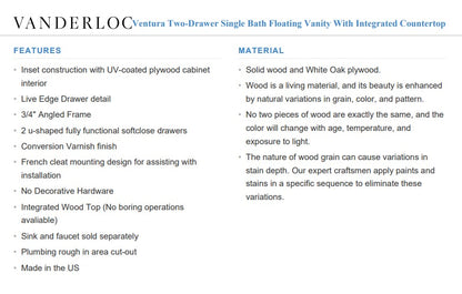 Vanderloc Ventura Two-Drawer Single Bath Floating Vanity With Integrated Countertop