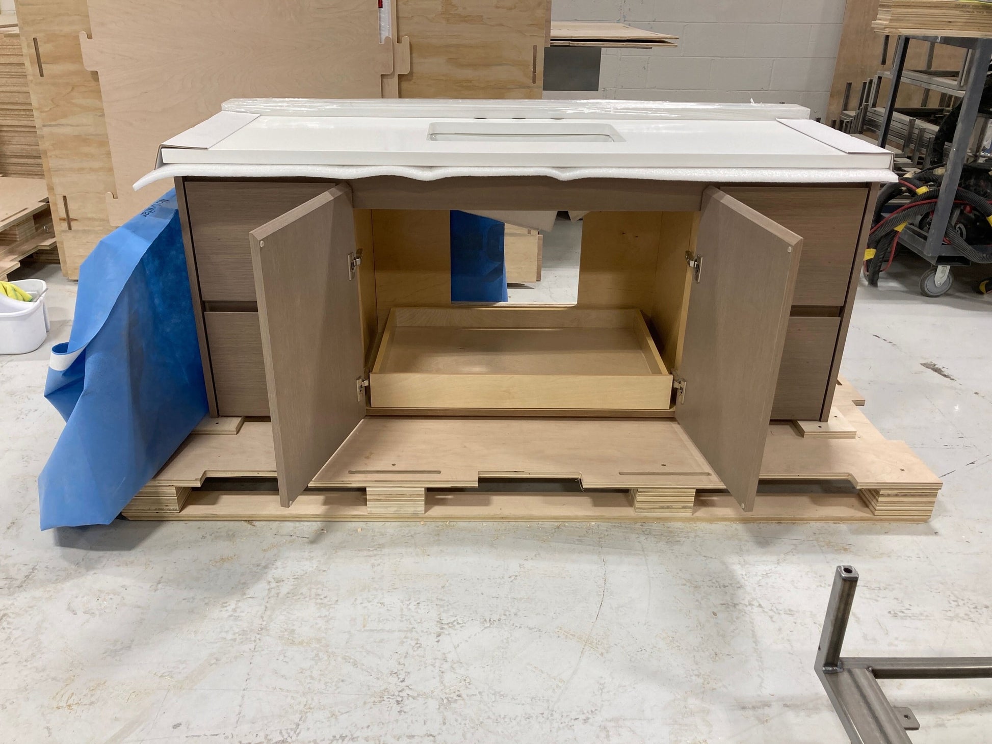 Rift White Oak bath vanity, styled bathroom