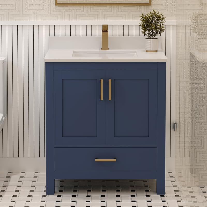 Ayna Decors Rooh 30 Inch Navy Blue Bath Vanity with Pure White Quartz Countertop