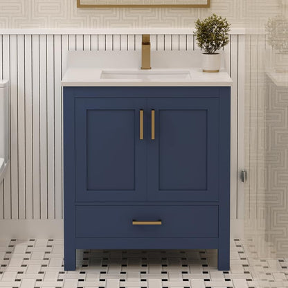 Ayna Decors Rooh 30 Inch Navy Blue Bath Vanity with Pure White Quartz Countertop