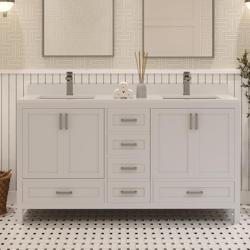 Ayna Decors Rooh 60 Inch White Bathroom Vanity Cabinet (Base Only) with Brushed Nickel Hardware