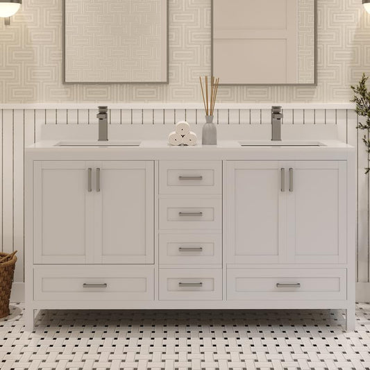 Ayna Decors Rooh 60 Inch White Bathroom Vanity Cabinet (Base Only) with Brushed Nickel Hardware