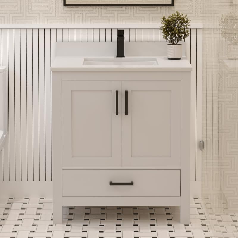 Ayna Decors Rooh 30 Inch White Bathroom Vanity with Quartz Countertop with Matte Black Hardware