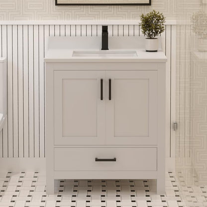 Ayna Decors Rooh 30 Inch White Bathroom Vanity with Quartz Countertop with Matte Black Hardware