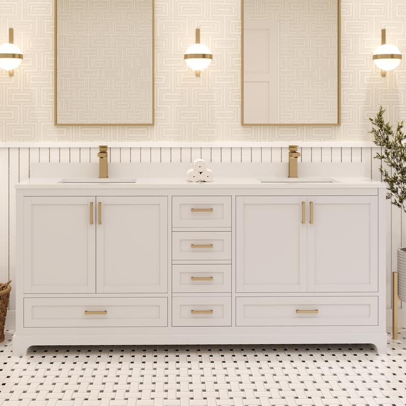 Ayna Decors Maya 72 Inch White Bath Vanity with Pure White Quartz Countertop
