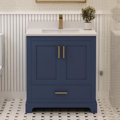 Ayna Decors Maya 30 Inch Navy Blue Bath Vanity with Pure White Quartz Countertop
