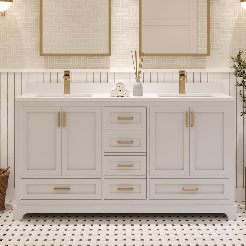 Ayna Decors Maya 60 Inch White Bath Vanity with Pure White Quartz Countertop