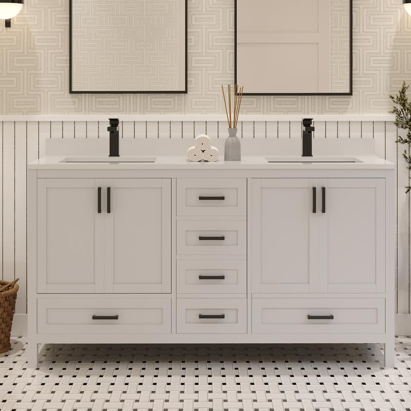 Ayna Decors Rooh 60 Inch White Bathroom Vanity with Quartz Countertop with Matte Black Hardware