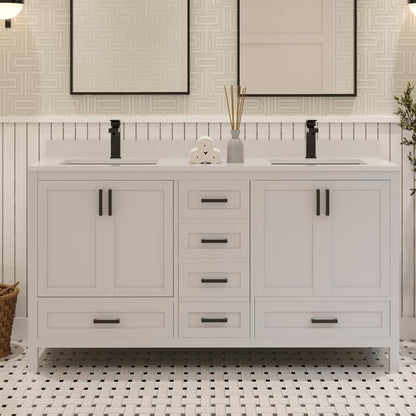 Ayna Decors Rooh 60 Inch White Bathroom Vanity with Quartz Countertop with Matte Black Hardware