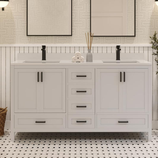 Ayna Decors Rooh 60 Inch White Bathroom Vanity with Quartz Countertop with Matte Black Hardware