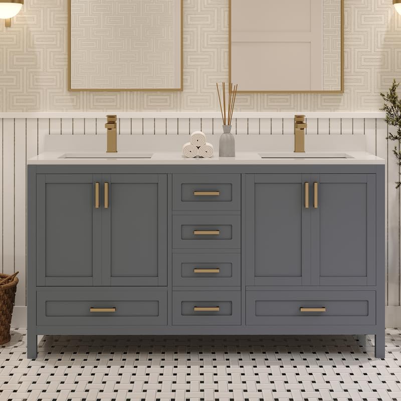 Ayna Decors Rooh 60 Inch Charcoal Grey Bath Vanity with Pure White Quartz Countertop