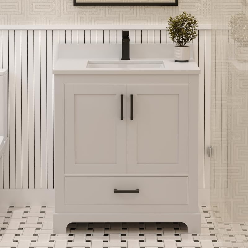 Ayna Decors Maya 30 Inch White Bathroom Vanity with Quartz Countertop with Matte Black Hardware