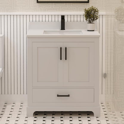 Ayna Decors Maya 30 Inch White Bathroom Vanity with Quartz Countertop with Matte Black Hardware