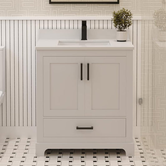 Ayna Decors Maya 30 Inch White Bathroom Vanity with Quartz Countertop with Matte Black Hardware