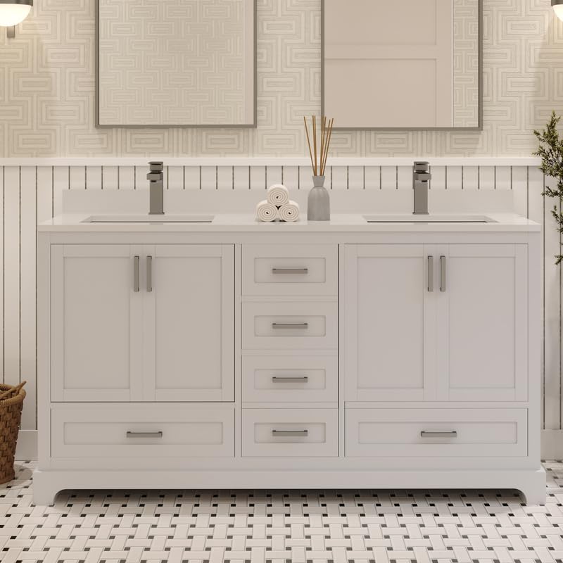 Ayna Decors Maya 60 Inch White Bathroom Vanity Cabinet (Base Only) with Brushed Nickel Hardware