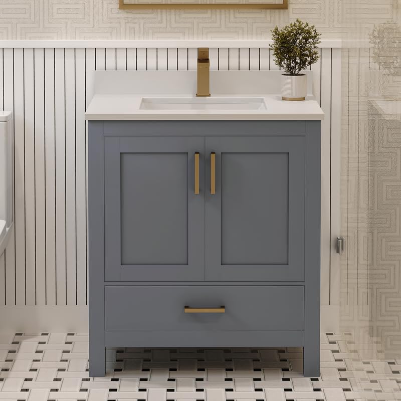 Ayna Decors Rooh 30 Inch Charcoal Grey Bath Vanity with Pure White Quartz Countertop