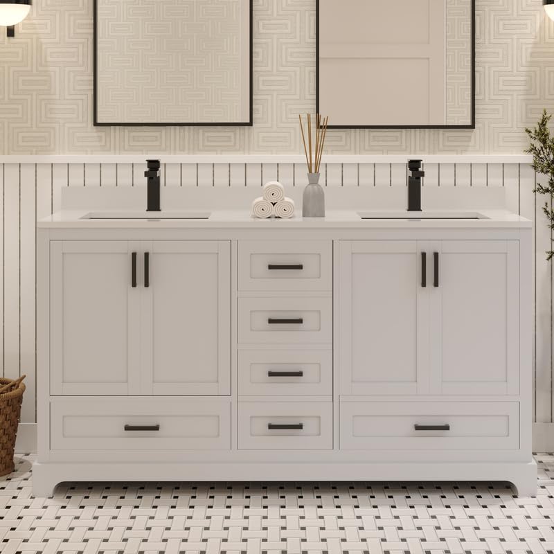 Ayna Decors Maya 60 Inch White Bathroom Vanity with Quartz Countertop with Matte Black Hardware
