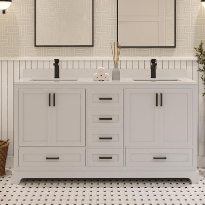 Ayna Decors Maya 60 Inch White Bathroom Vanity with Quartz Countertop with Matte Black Hardware