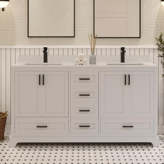 Ayna Decors Maya 60 Inch White Bathroom Vanity with Quartz Countertop with Matte Black Hardware