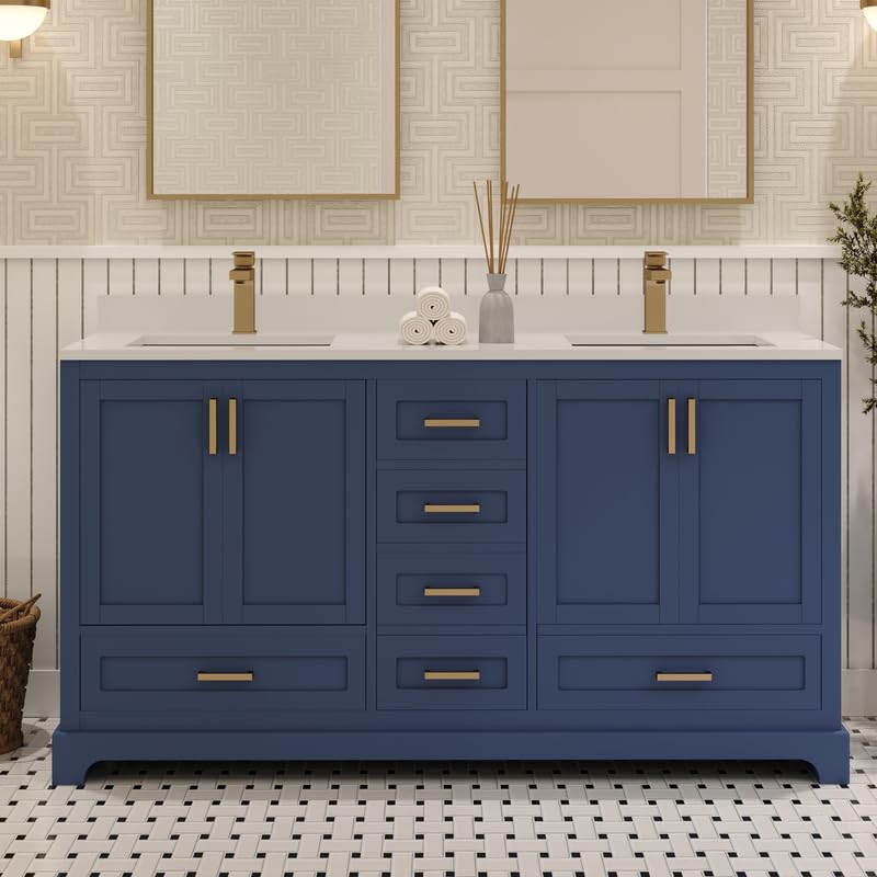 Ayna Decors Maya 60 Inch Navy Blue Bath Vanity with Pure White Quartz Countertop