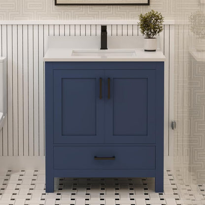 Ayna Decors Rooh 30 Inch Navy Blue Bathroom Vanity with Quartz Countertop with Matte Black Hardware