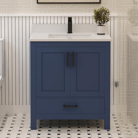 Ayna Decors Rooh 30 Inch Navy Blue Bathroom Vanity with Quartz Countertop with Matte Black Hardware