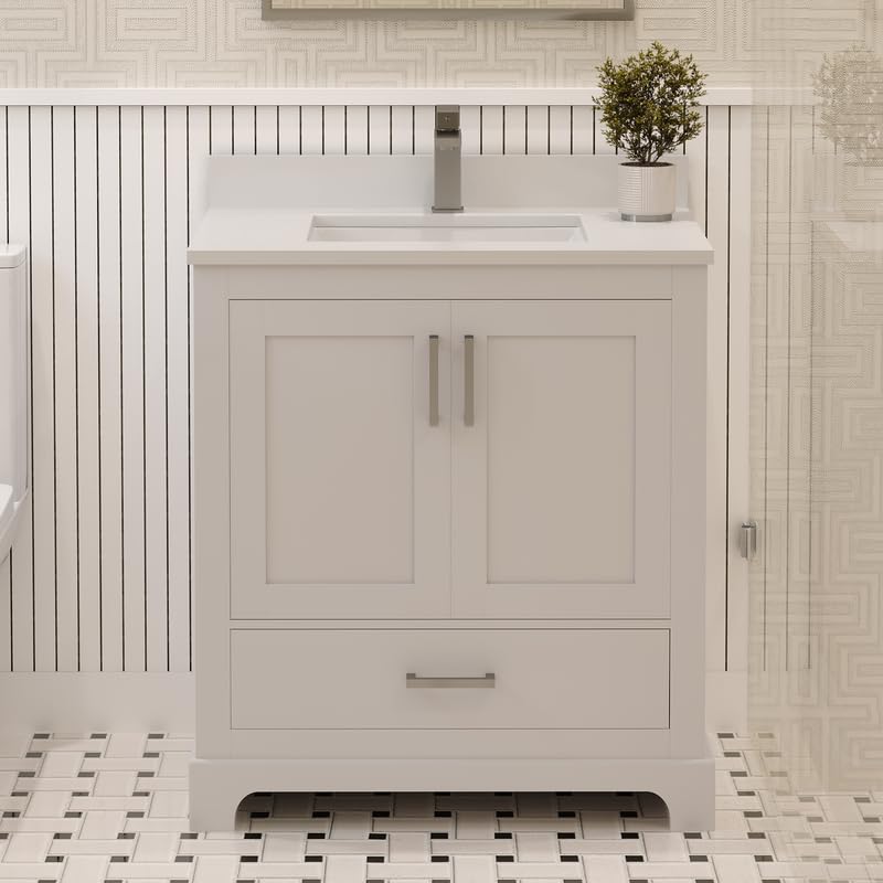 Ayna Decors Maya 30 Inch White Bathroom Vanity Cabinet (Base Only) with Brushed Nickel Hardware