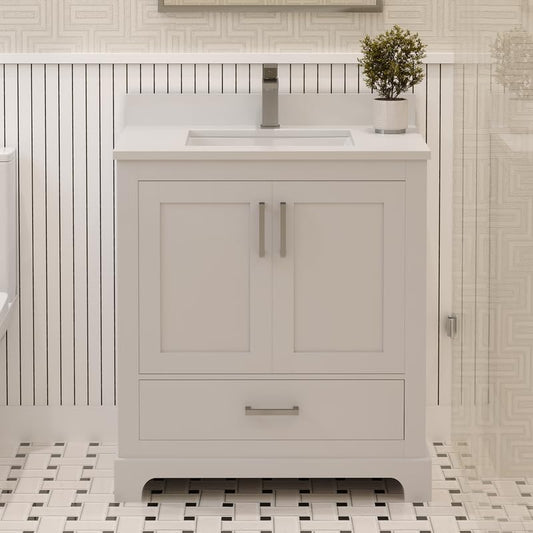 Ayna Decors Maya 30 Inch White Bathroom Vanity Cabinet (Base Only) with Brushed Nickel Hardware
