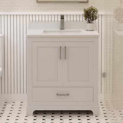 Ayna Decors Maya 30 Inch White Bath Vanity with Pure White Quartz Countertop