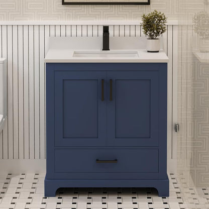 Ayna Decors Maya 30 Inch Navy Blue Bathroom Vanity with Quartz Countertop with Matte Black Hardware