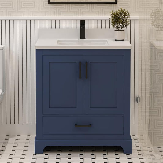 Ayna Decors Maya 30 Inch Navy Blue Bathroom Vanity with Quartz Countertop with Matte Black Hardware