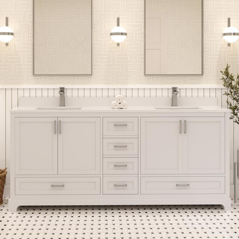 Ayna Decors Maya 72 Inch White Bathroom Vanity Cabinet (Base Only) with Brushed Nickel Hardware