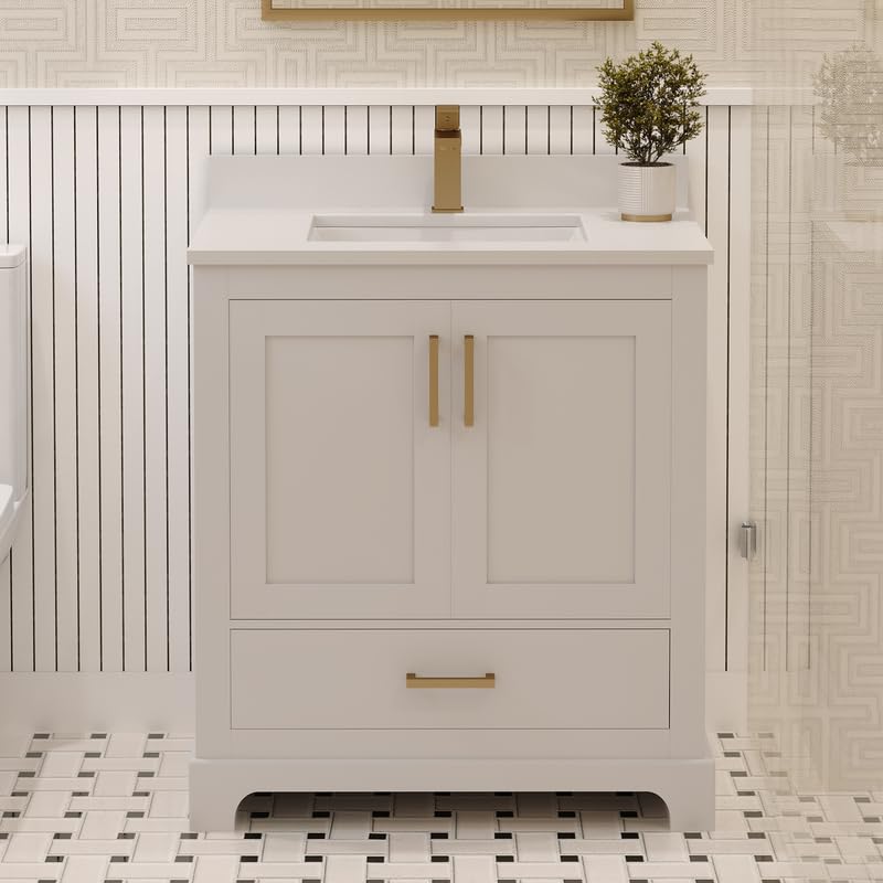 Ayna Decors Maya 30 Inch White Bath Vanity with Pure White Quartz Countertop